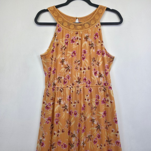 Daniel Rainn Dress Women M Orange Crochet Halter Floral Tiered Resort Flowy Midi - Picture 11 of 16